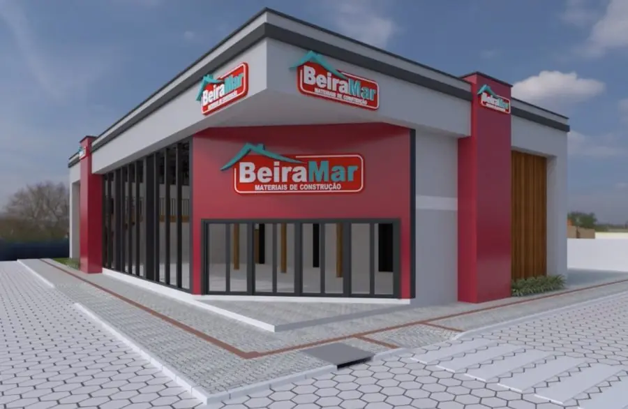 Projeto em 3D da nova loja Beira Mar, com fachada vermelha e cinza